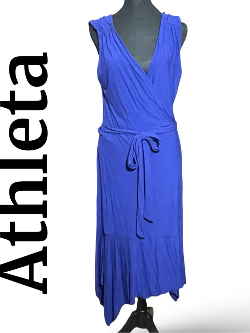 ATHLETA Royal Blue Tie Wrap Dress, Sleeveless, Asymmetrical Hem, Size M